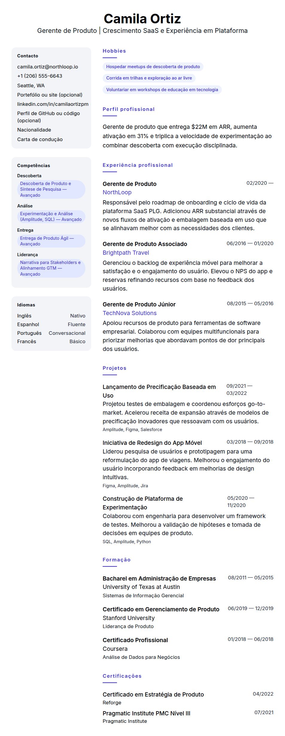 Pré-visualização do currículo Exemplo de Currículo para Gerente de Produto