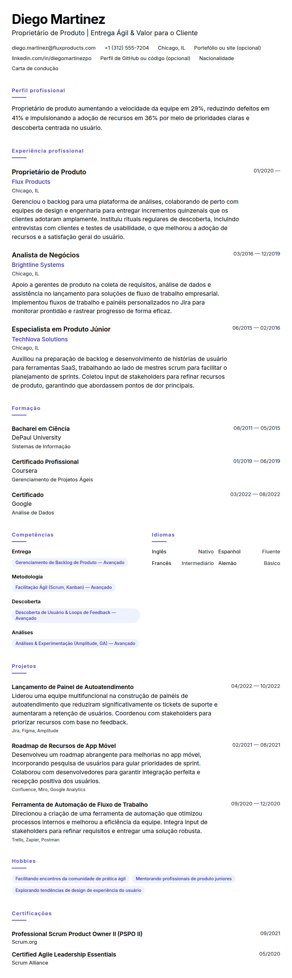 Pré-visualização do currículo Exemplo de Currículo para Proprietário de Produto