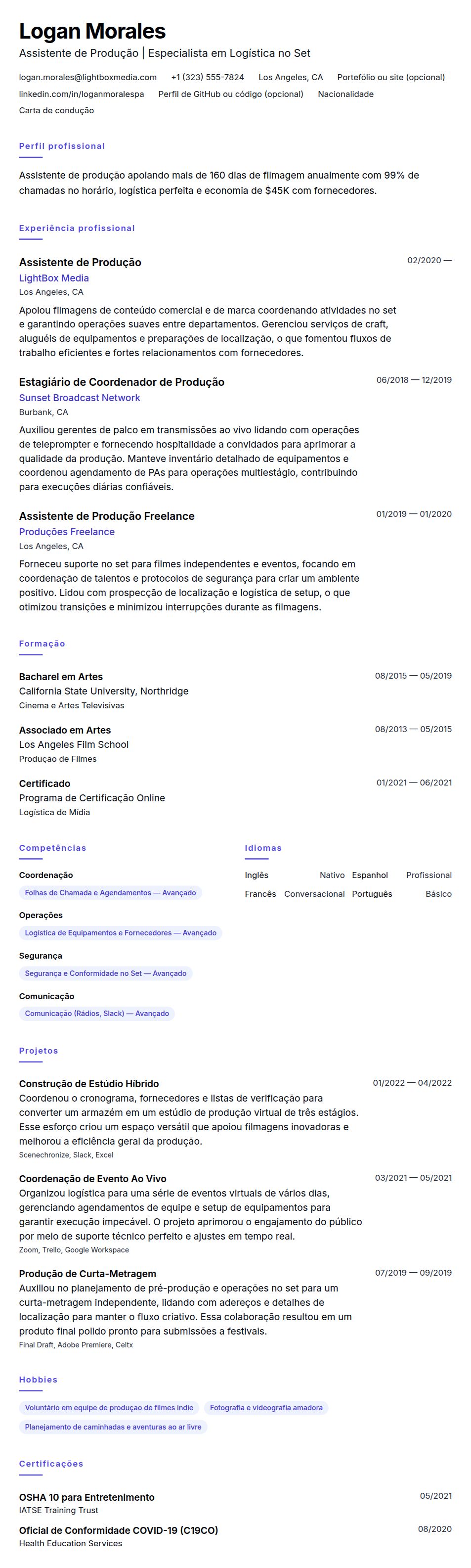 Pré-visualização do currículo Exemplo de Currículo de Assistente de Produção