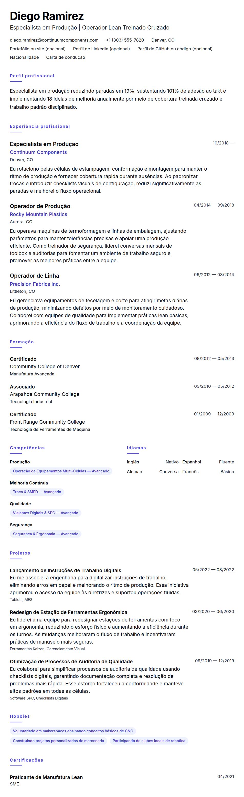 Exemplo de Currículo de Especialista em Produção