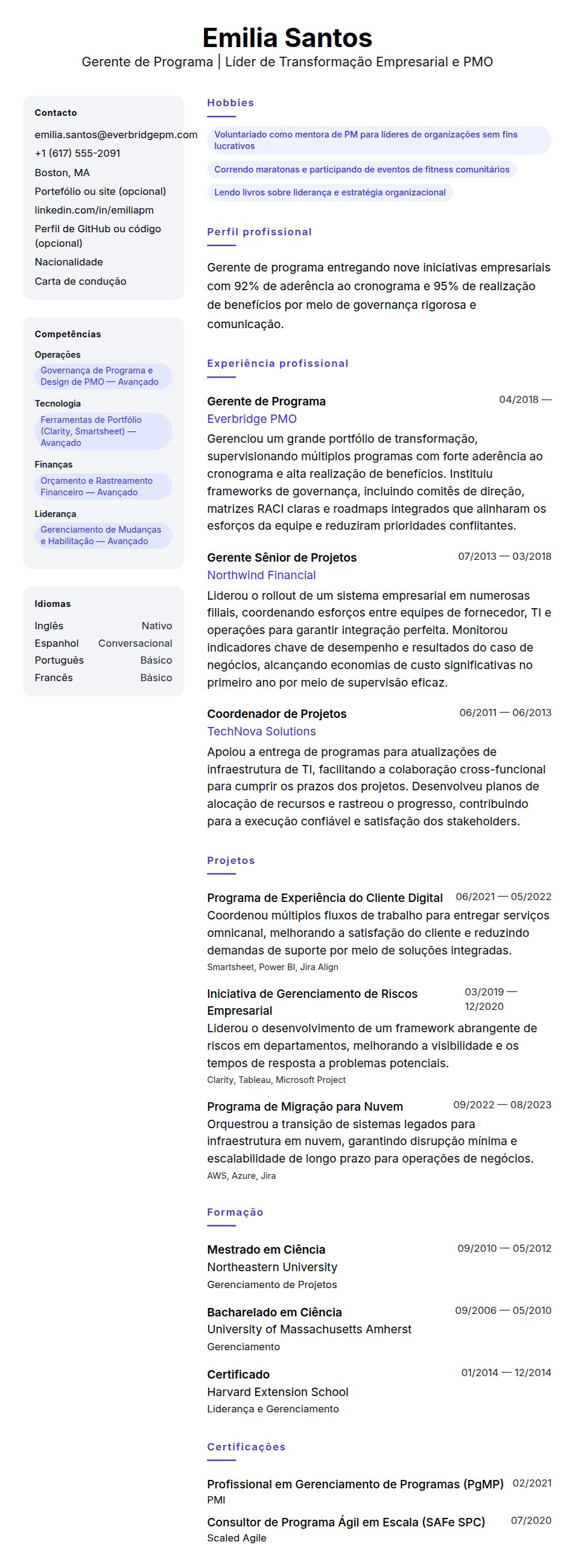Pré-visualização do currículo Exemplo de Currículo de Gerente de Programa