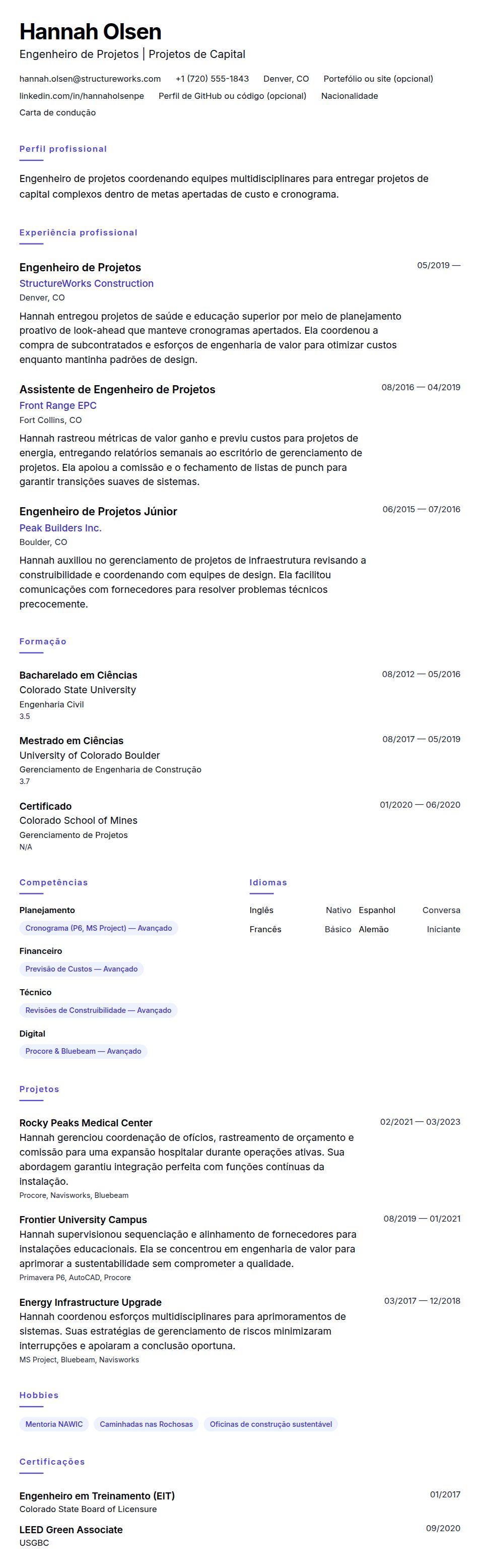 Exemplo de Currículo para Engenheiro de Projetos