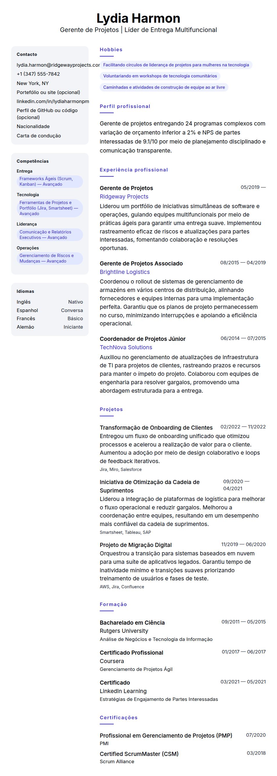 Pré-visualização do currículo Exemplo de Currículo de Gerente de Projetos