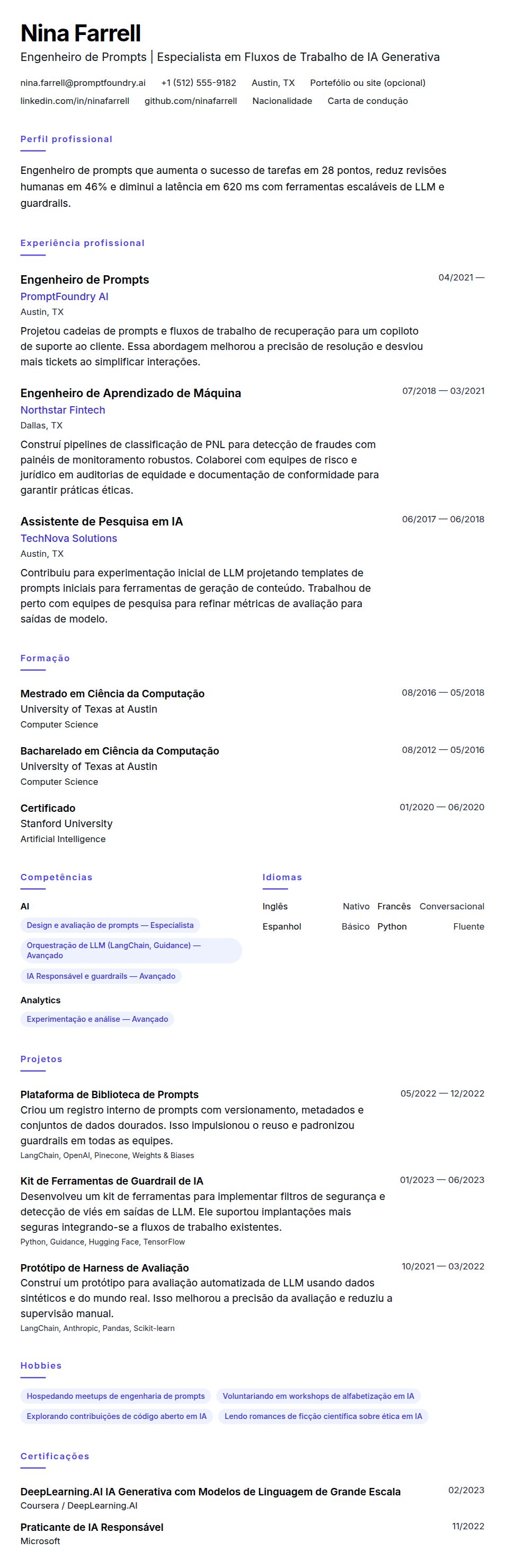 Pré-visualização do currículo Exemplo de Currículo de Engenheiro de Prompts
