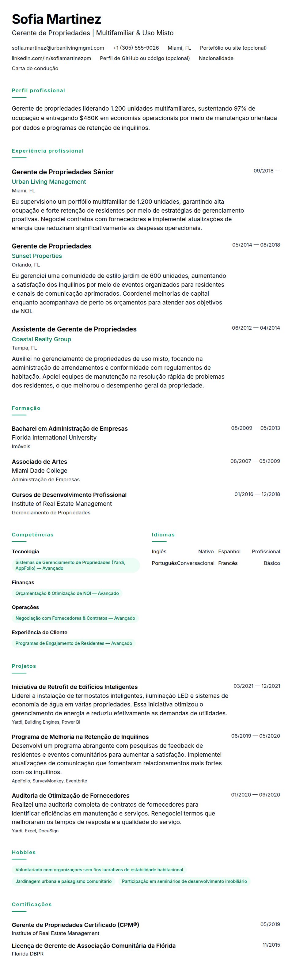 Exemplo de Currículo de Gerente de Propriedades