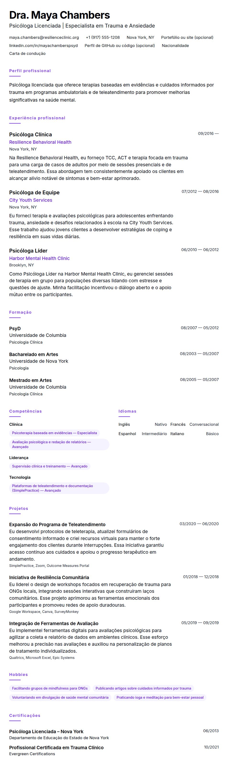 Pré-visualização do currículo Exemplo de Currículo de Psicólogo