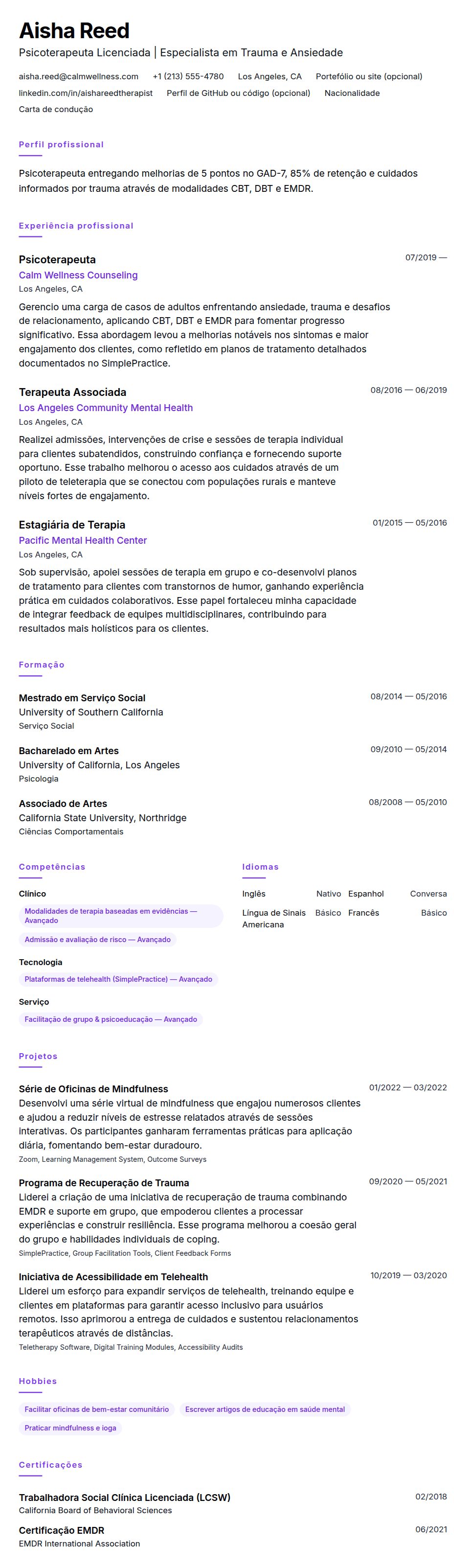Pré-visualização do currículo Exemplo de Currículo de Psicoterapeuta