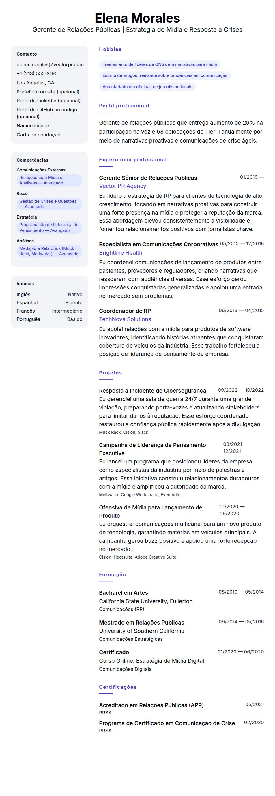 Pré-visualização do currículo Exemplo de Currículo de Gerente de Relações Públicas