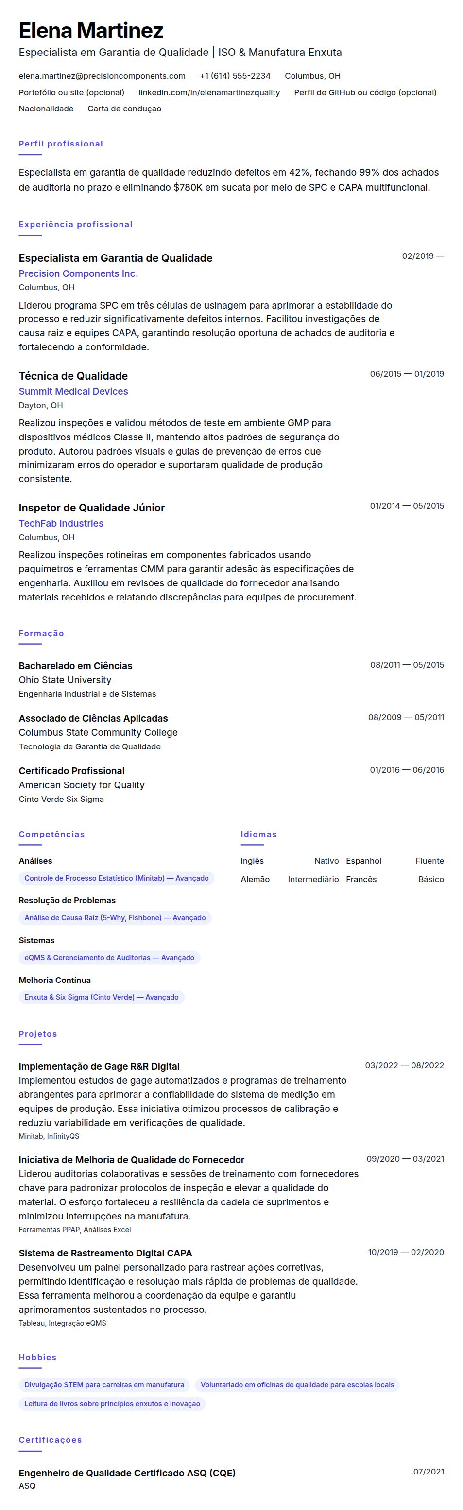 Pré-visualização do currículo Exemplo de Currículo para Especialista em Garantia de Qualidade