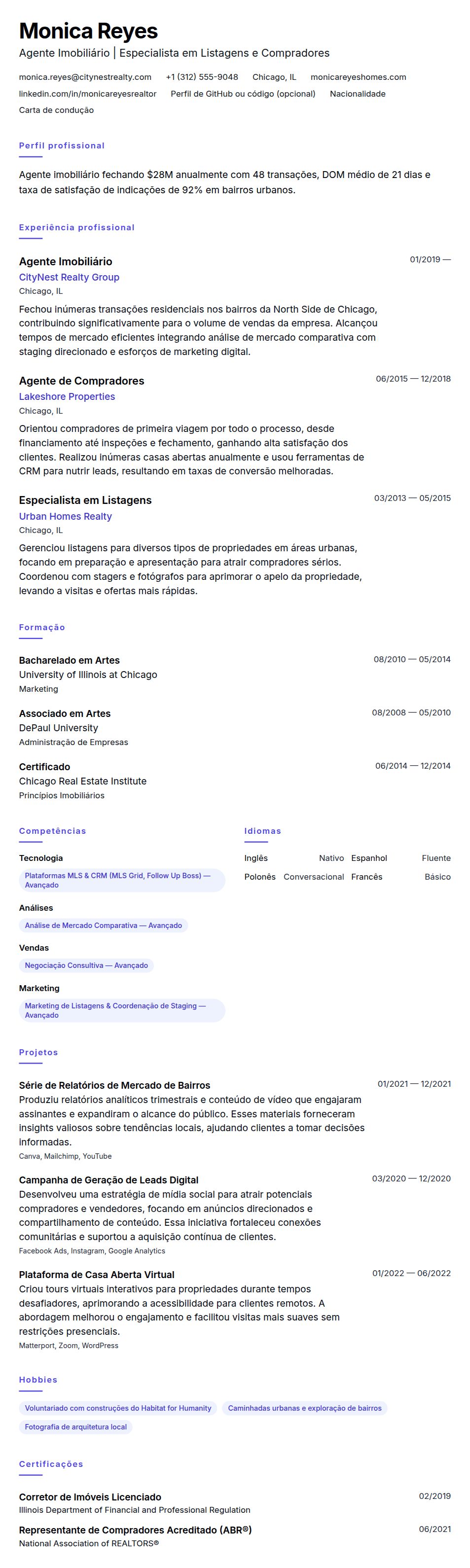 Pré-visualização do currículo Exemplo de Currículo de Agente Imobiliário