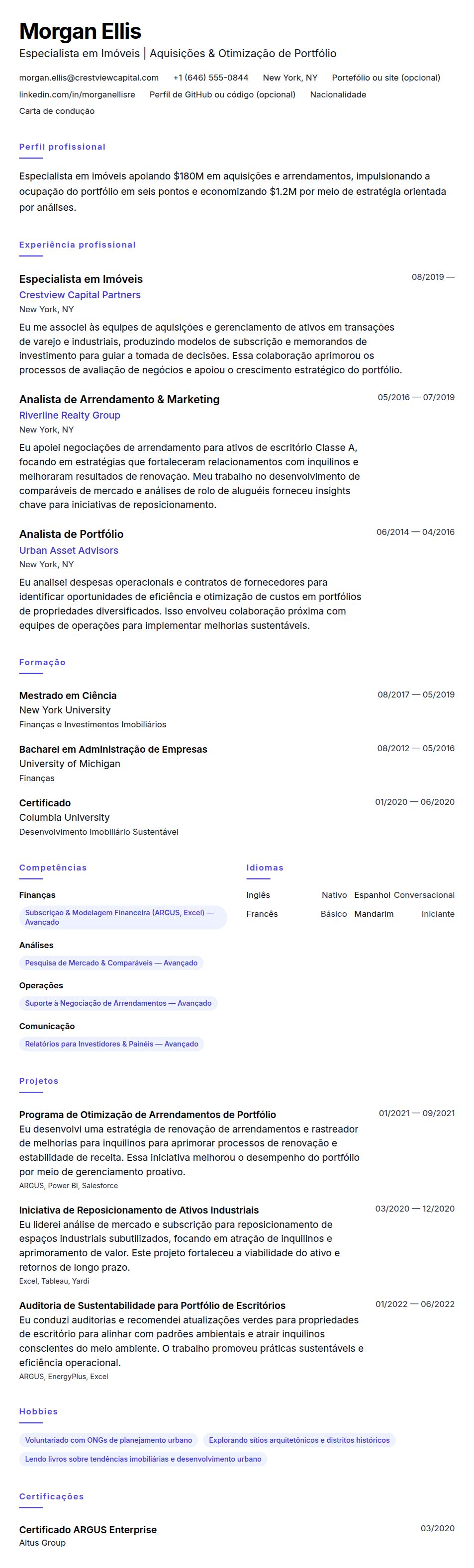Exemplo de Currículo de Especialista em Imóveis