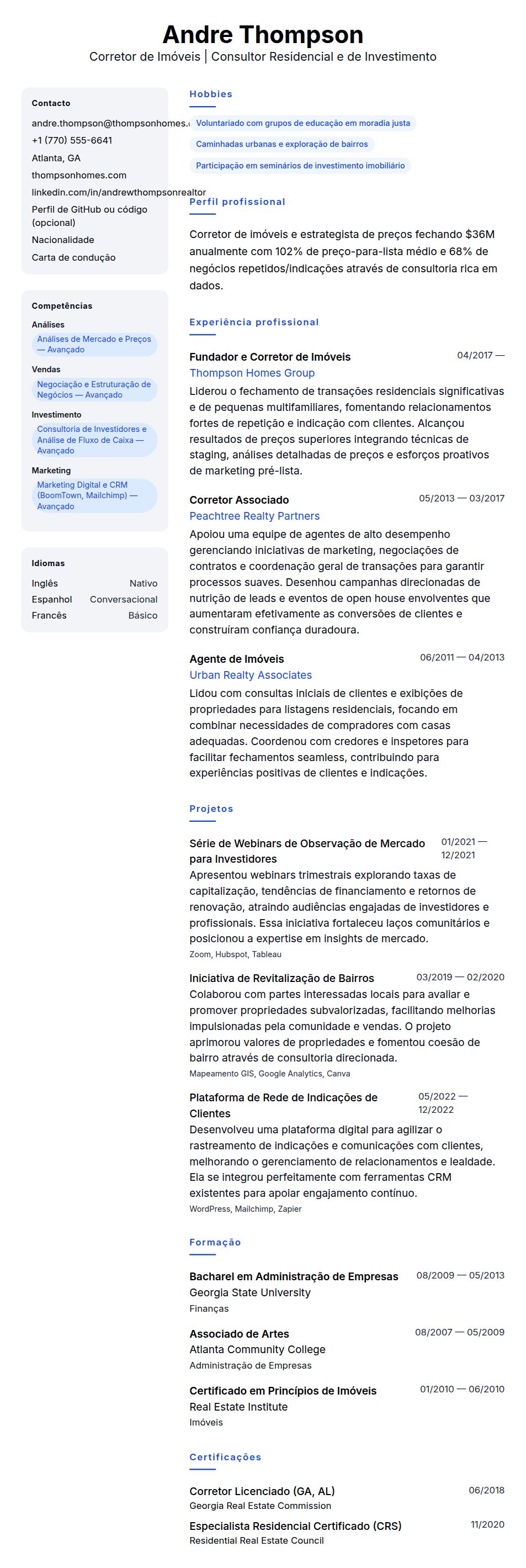 Pré-visualização do currículo Exemplo de Currículo de Corretor de Imóveis