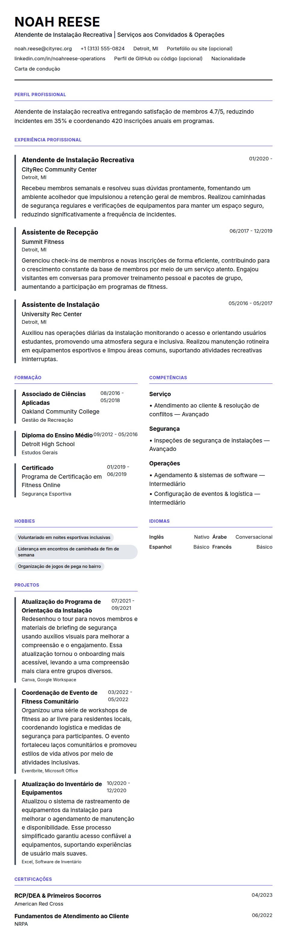 Exemplo de Currículo para Atendente de Instalação Recreativa