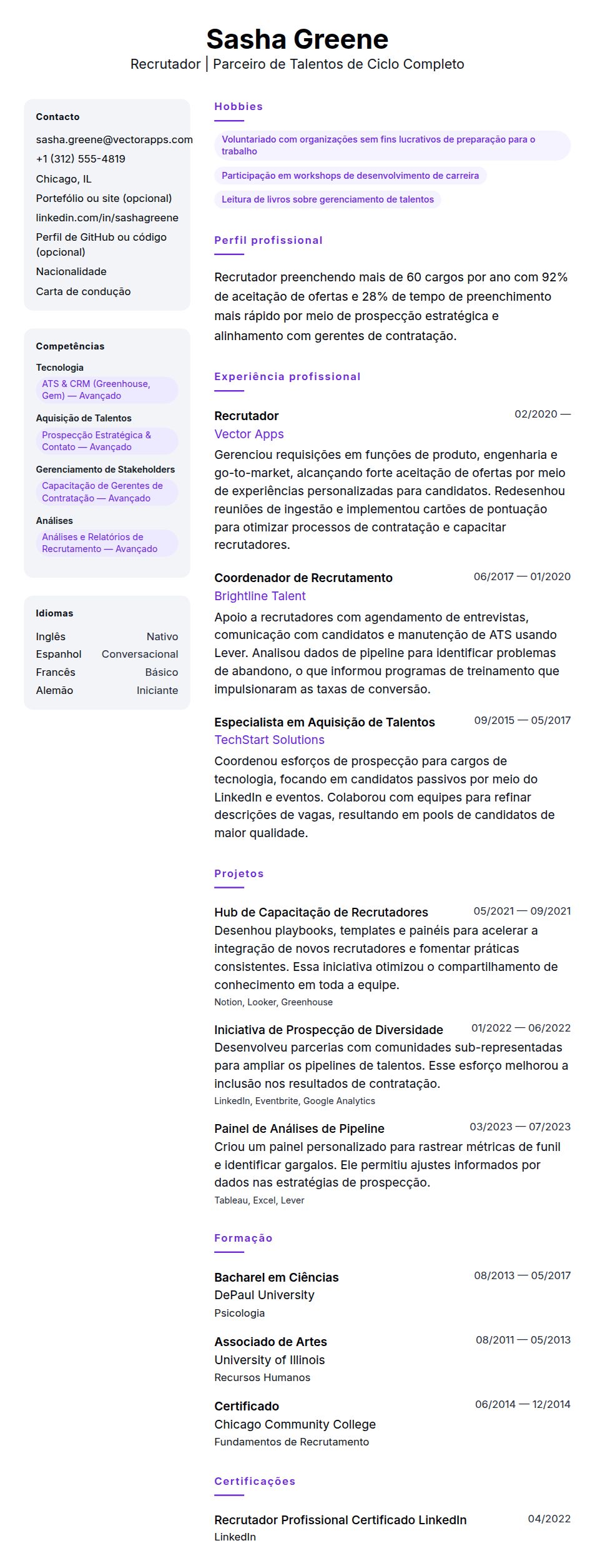 Pré-visualização do currículo Exemplo de Currículo de Recrutador