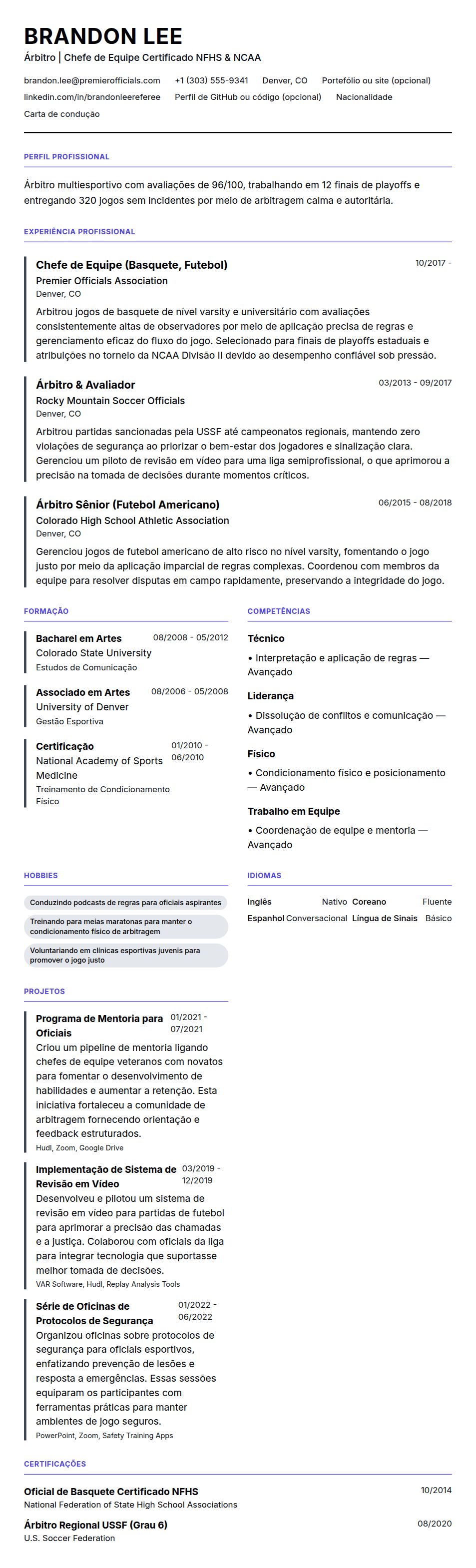 Pré-visualização do currículo Exemplo de Currículo de Árbitro