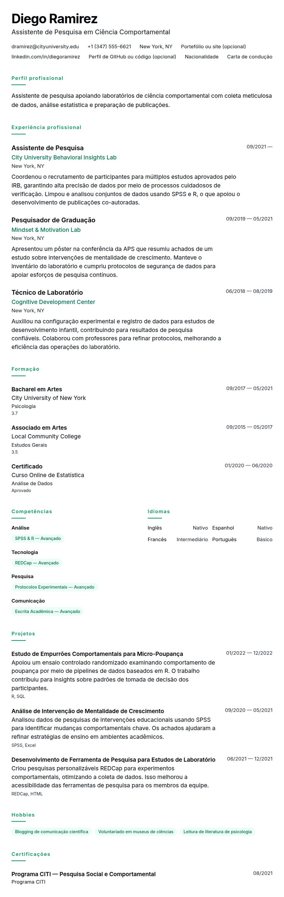 Pré-visualização do currículo Exemplo de Currículo de Assistente de Pesquisa