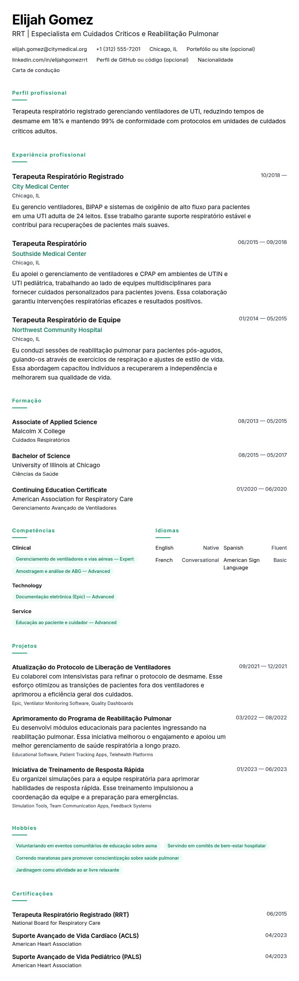 Pré-visualização do currículo Exemplo de Currículo de Terapeuta Respiratório