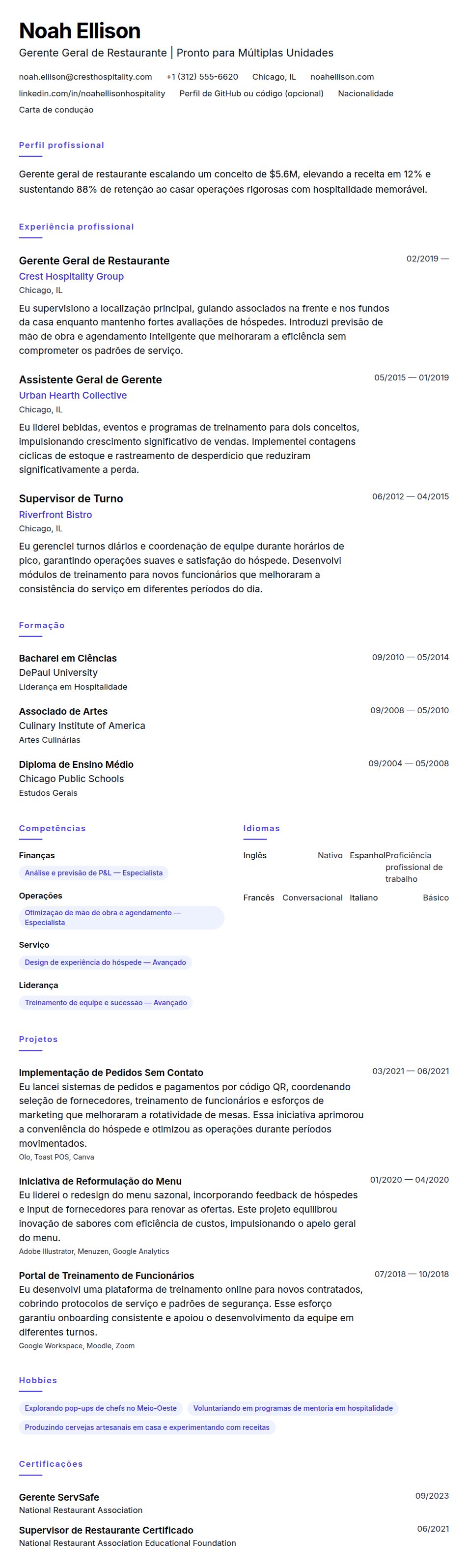 Pré-visualização do currículo Exemplo de Currículo de Gerente de Restaurante