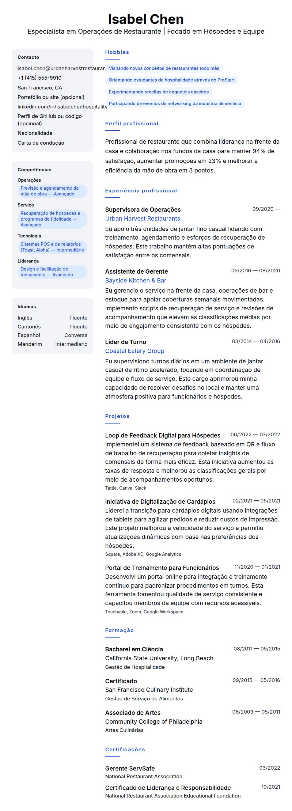 Pré-visualização do currículo Exemplo de Currículo para Profissional de Restaurante