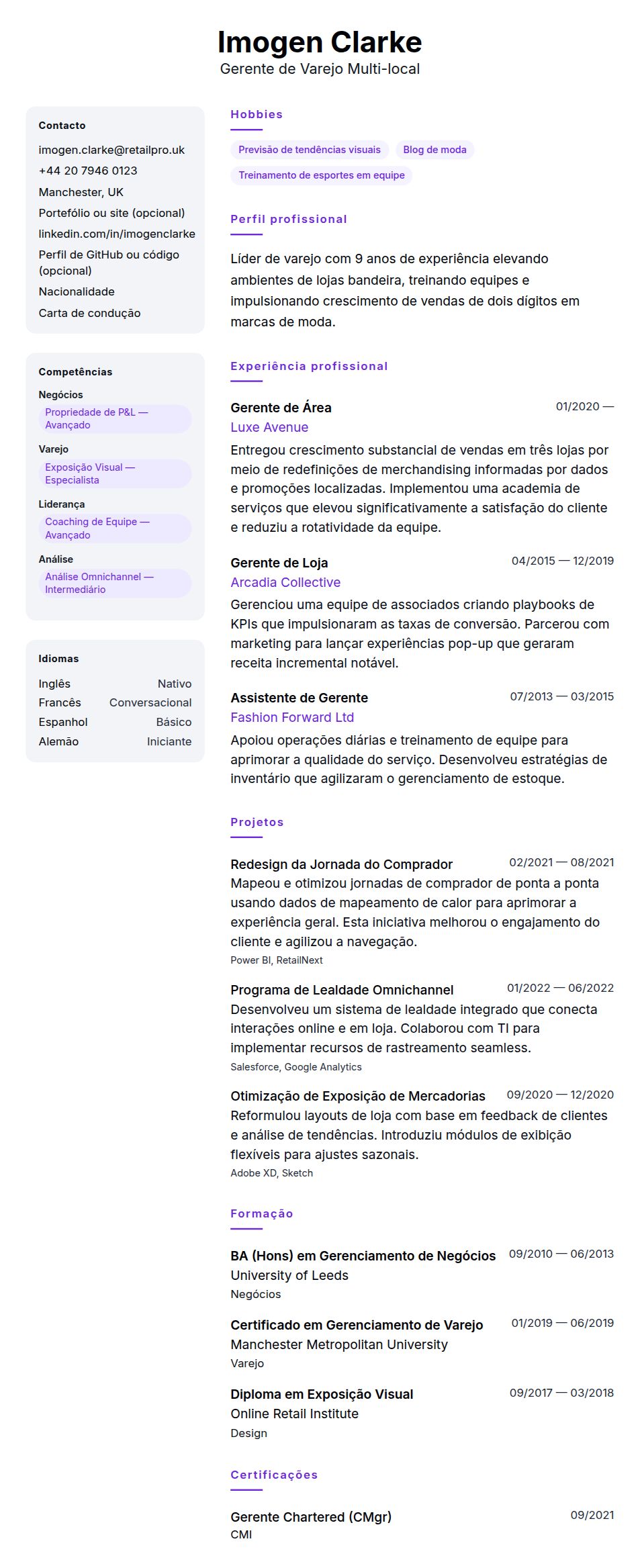 Pré-visualização do currículo Exemplo de Currículo de Gerente de Varejo