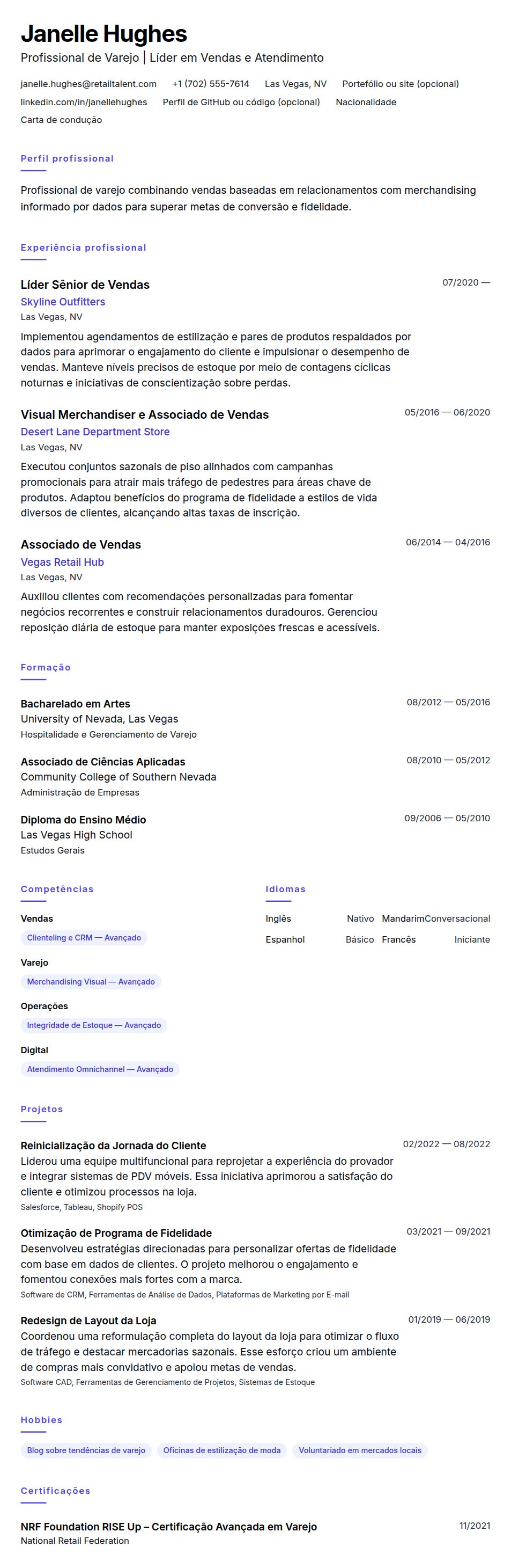Exemplo de Currículo para Profissional de Varejo