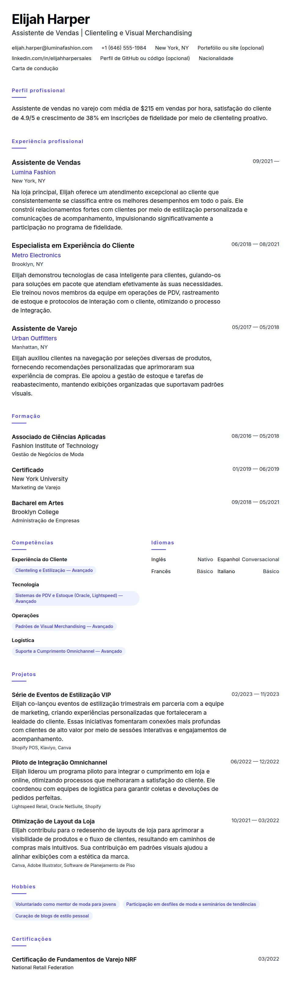 Pré-visualização do currículo Exemplo de Currículo de Assistente de Vendas