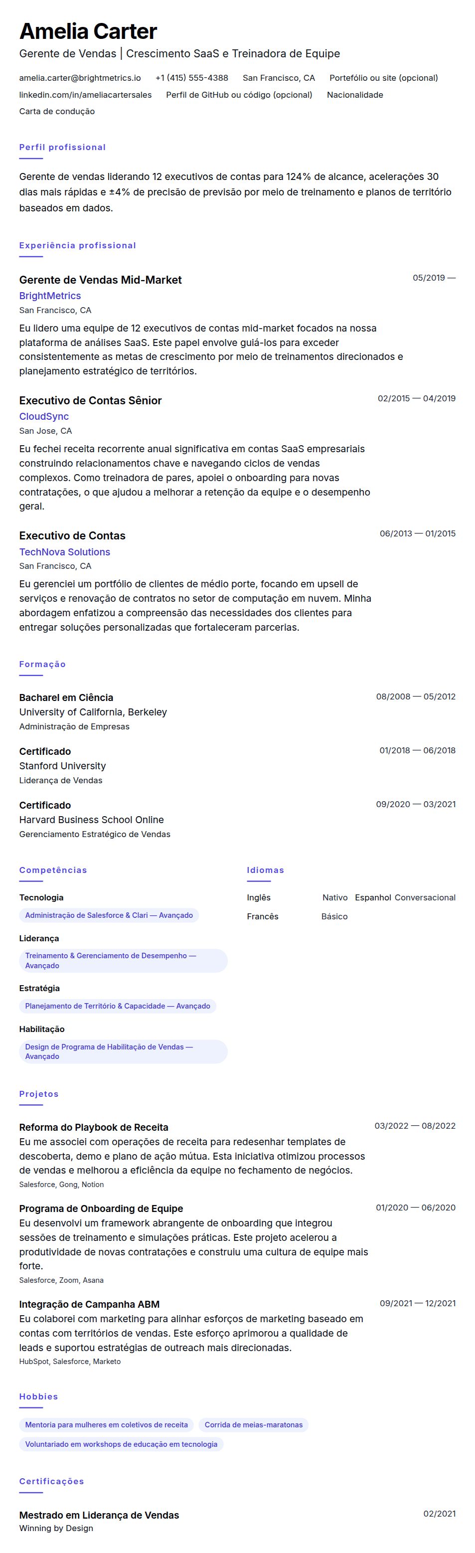 Exemplo de Currículo para Gerente de Vendas