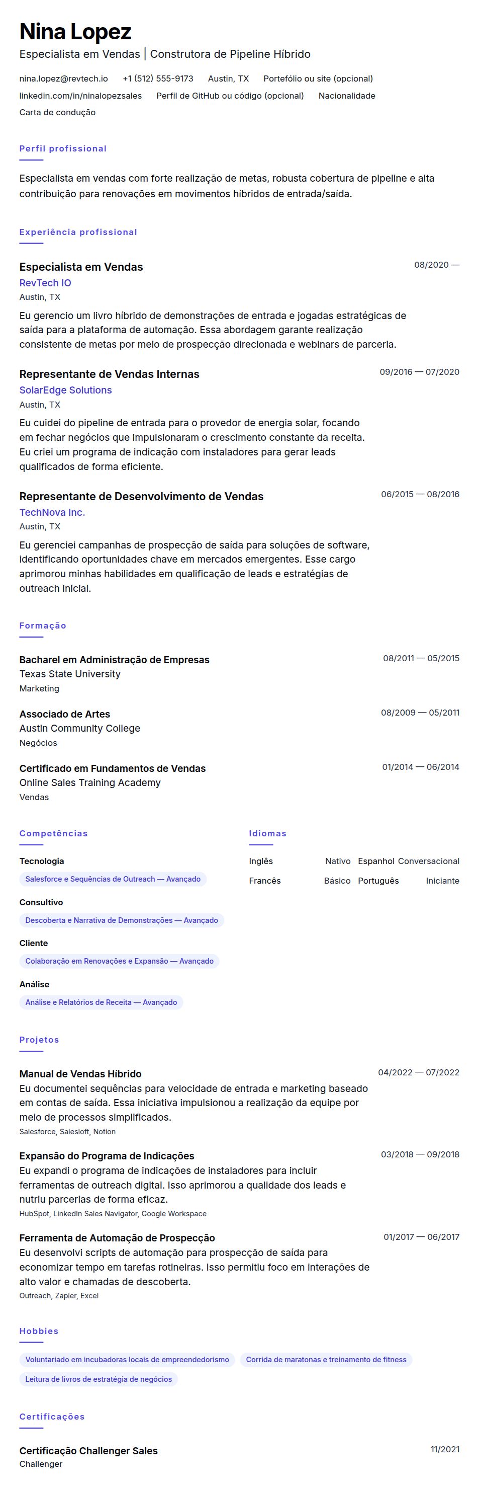 Pré-visualização do currículo Exemplo de Currículo de Especialista em Vendas