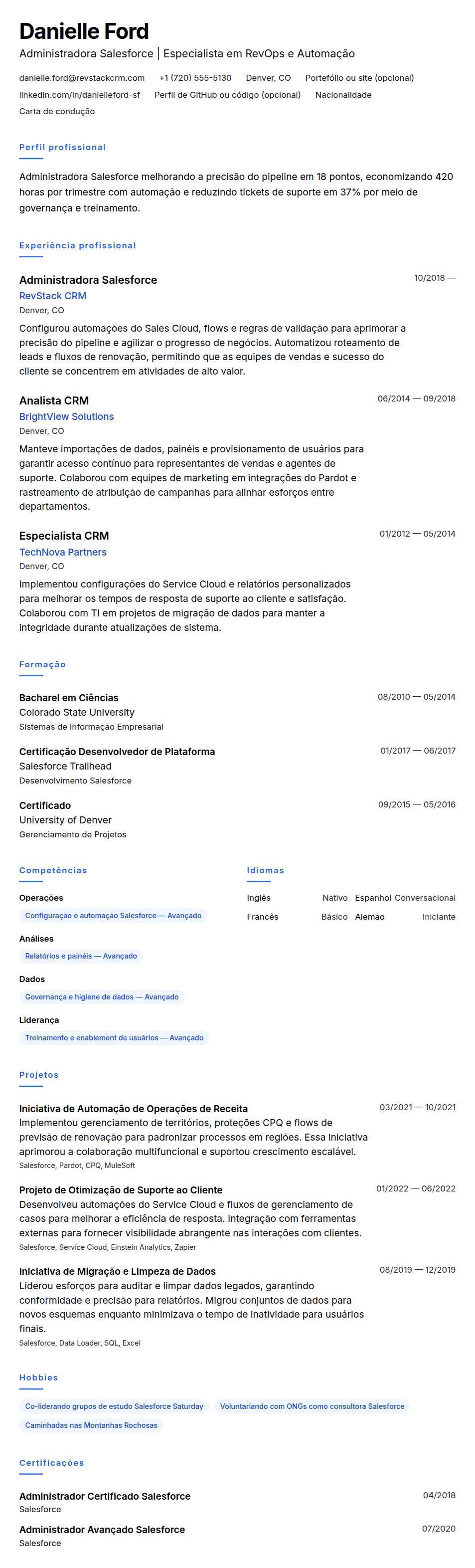 Pré-visualização do currículo Exemplo de Currículo de Administrador Salesforce