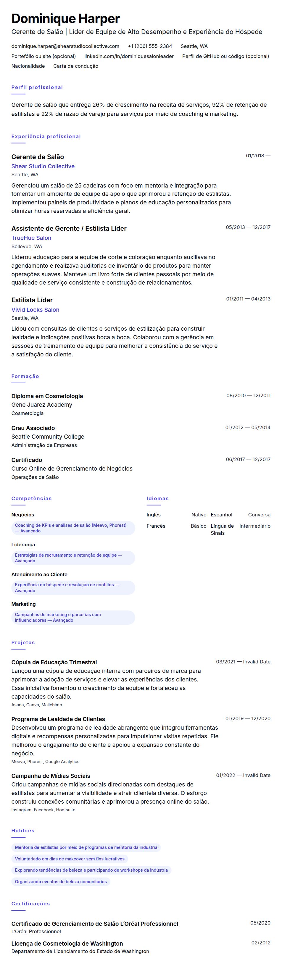 Exemplo de Currículo de Gerente de Salão