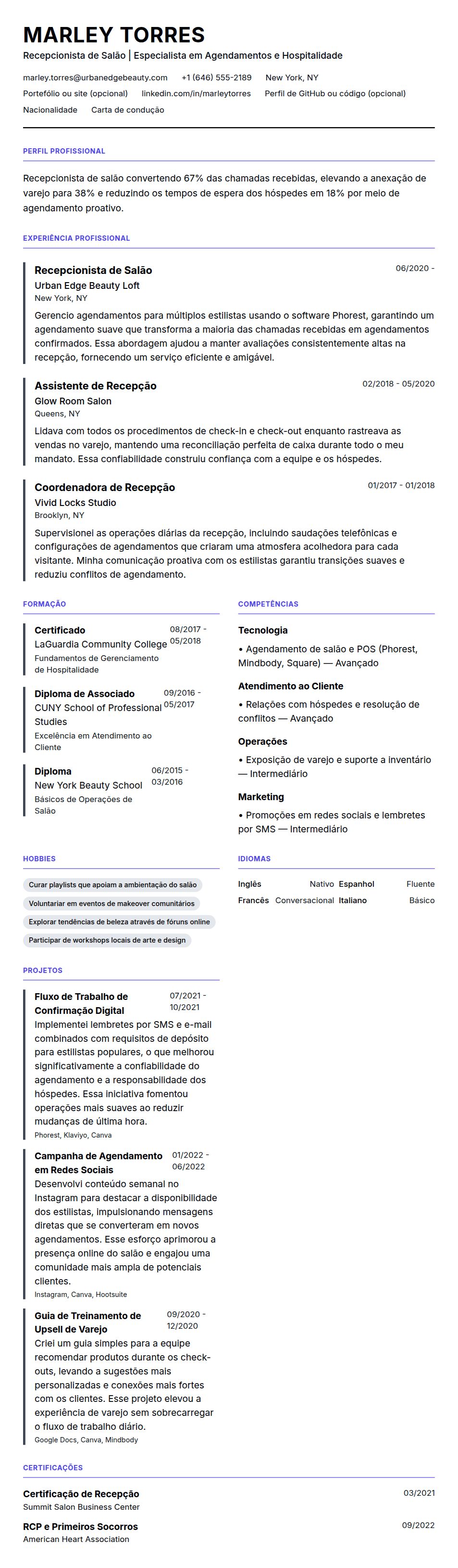 Exemplo de Currículo de Recepcionista de Salão