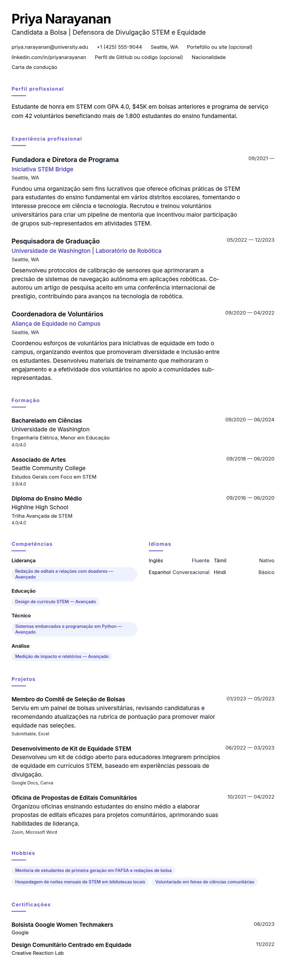Pré-visualização do currículo Exemplo de Currículo para Bolsa