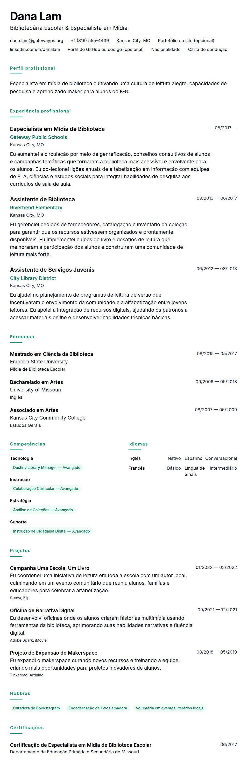 Pré-visualização do currículo Exemplo de Currículo de Bibliotecário Escolar