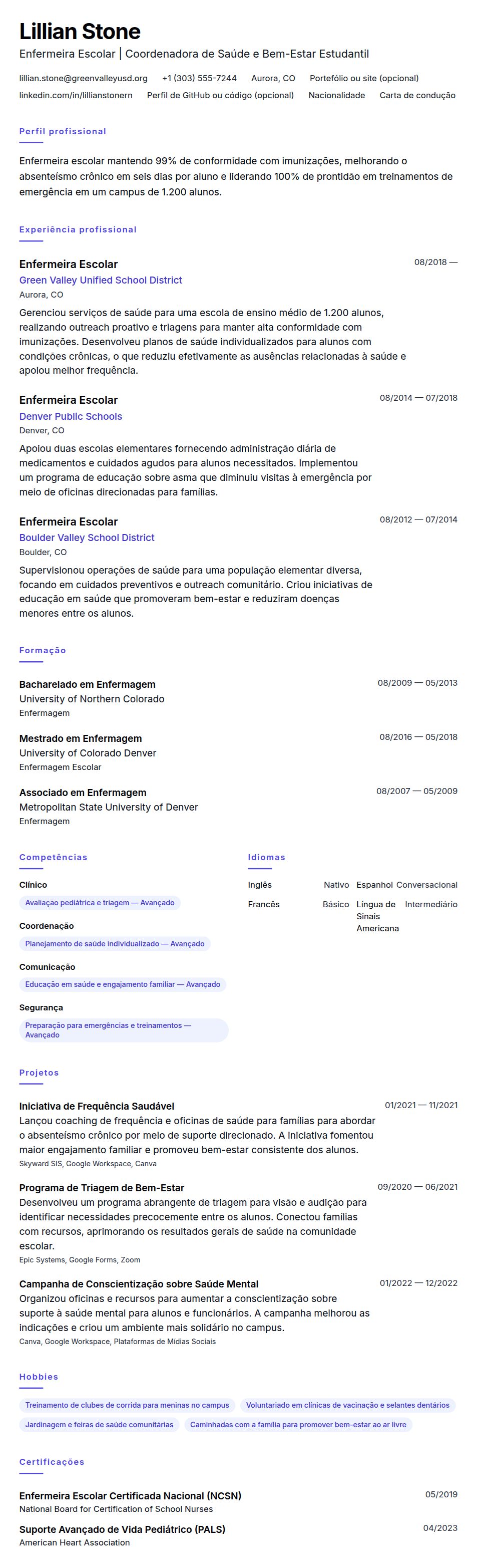 Pré-visualização do currículo Exemplo de Currículo de Enfermeira Escolar