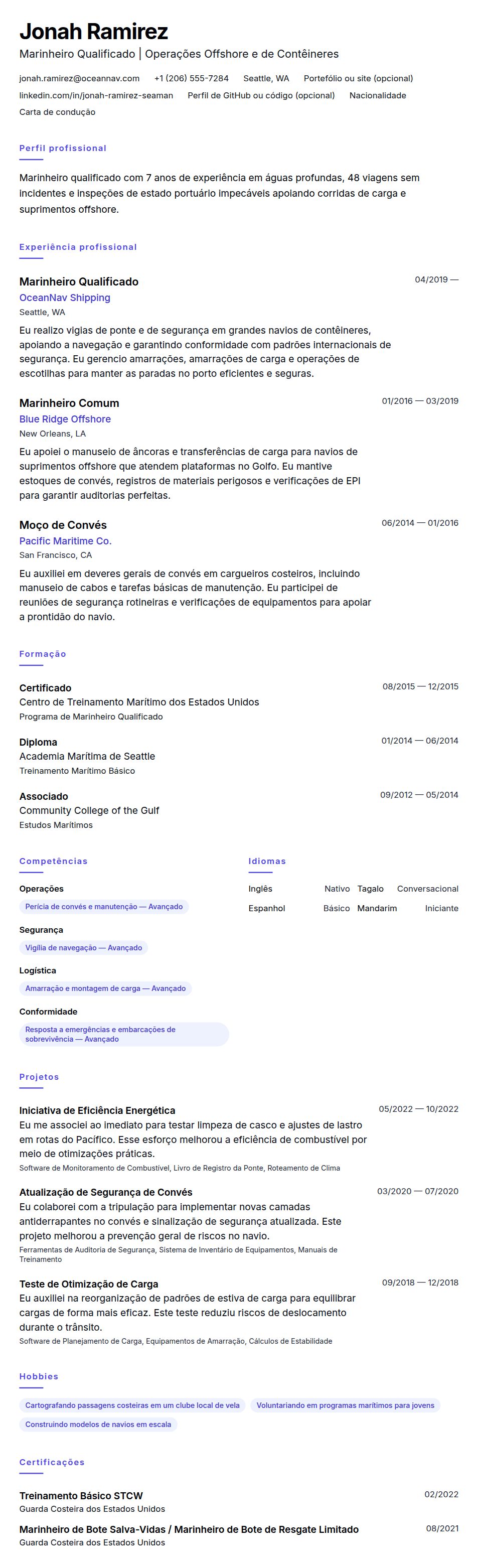 Pré-visualização do currículo Exemplo de Currículo de Marinheiro