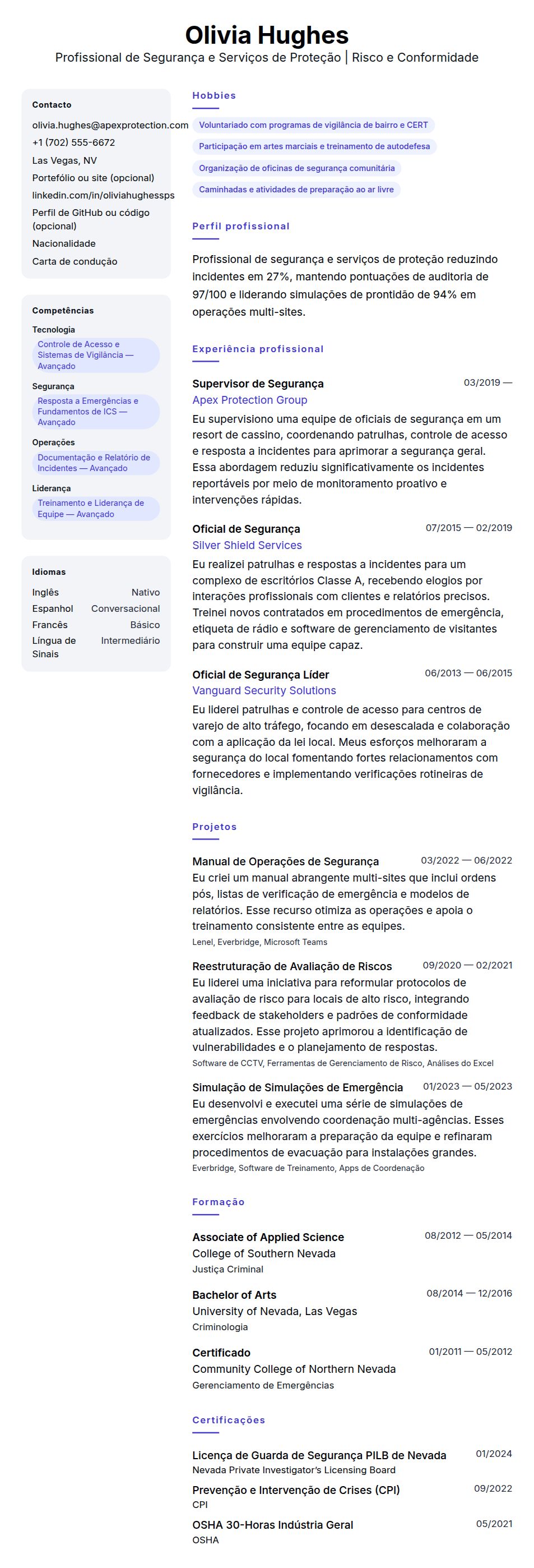 Pré-visualização do currículo Exemplo de Currículo de Profissional de Segurança e Serviços de Proteção