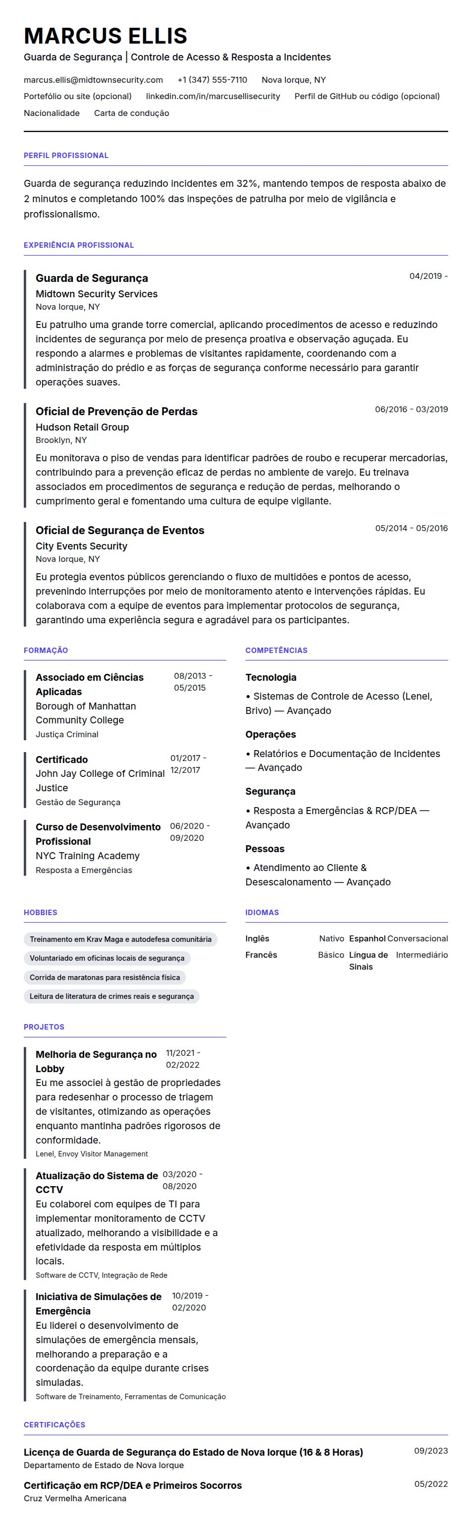 Pré-visualização do currículo Exemplo de Currículo de Guarda de Segurança