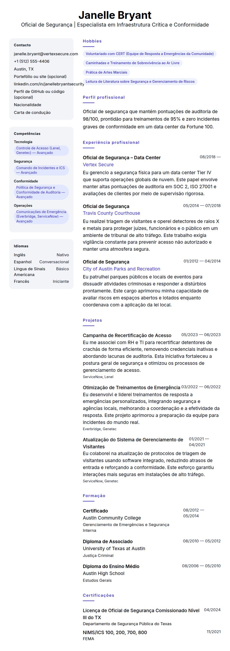 Exemplo de Currículo de Oficial de Segurança