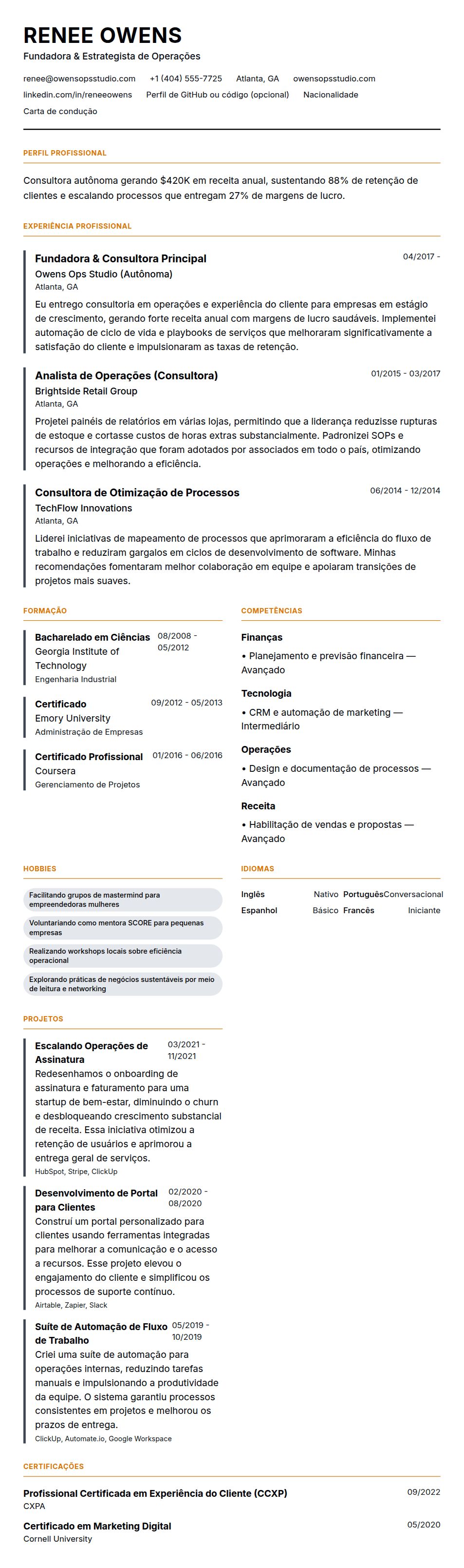 Pré-visualização do currículo Exemplo de Currículo para Profissional Autônomo