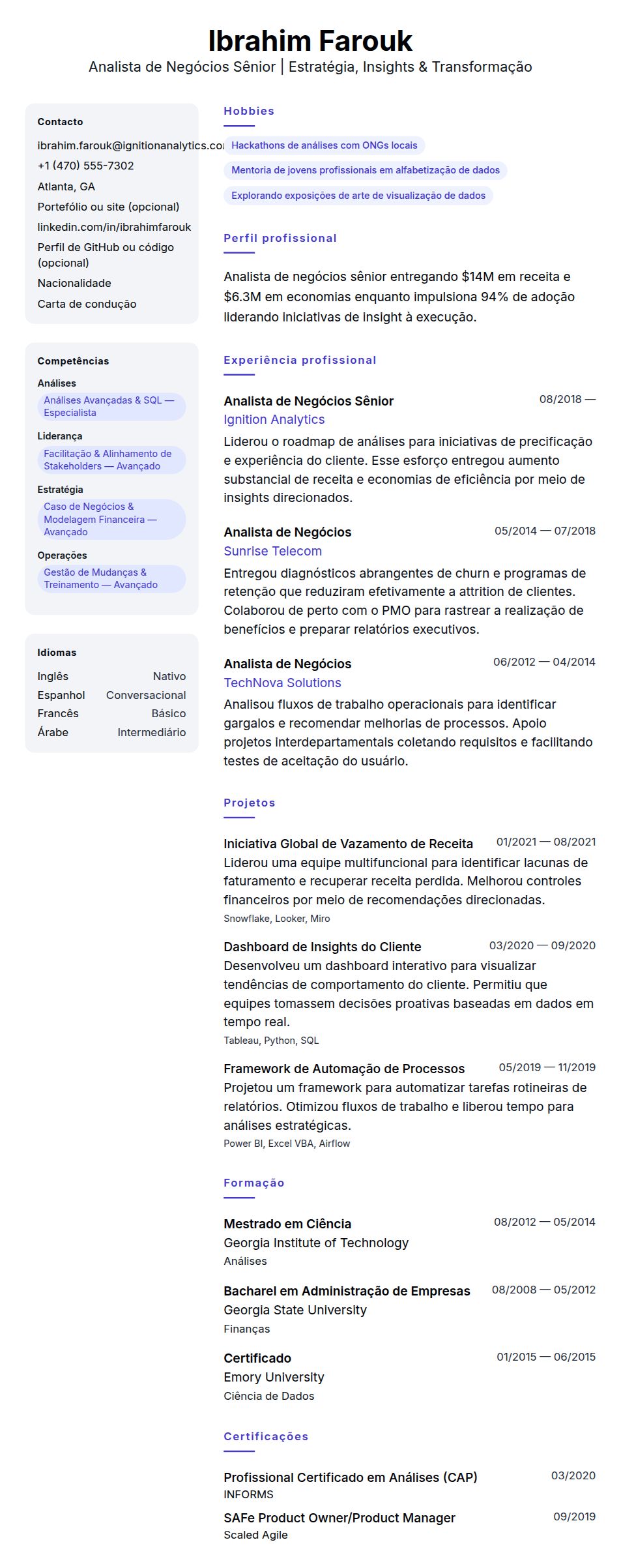Pré-visualização do currículo Exemplo de Currículo de Analista de Negócios Sênior