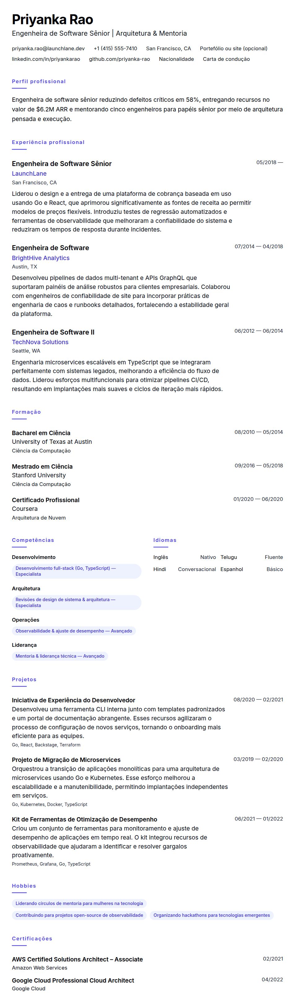 Pré-visualização do currículo Exemplo de Currículo para Engenheiro de Software Sênior
