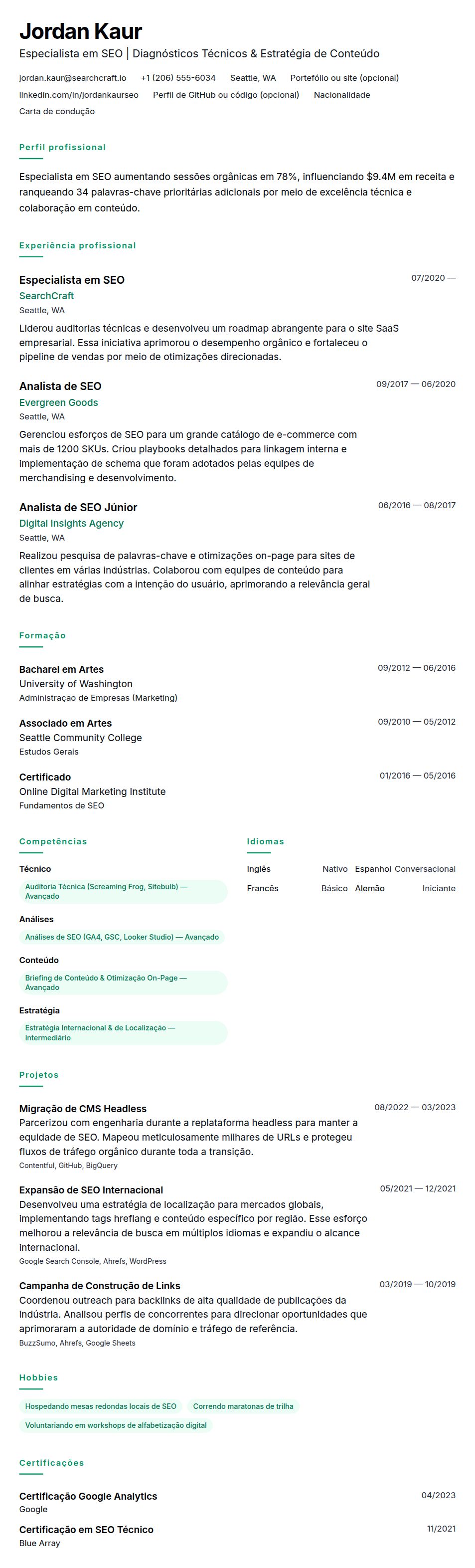 Pré-visualização do currículo Exemplo de Currículo para Especialista em SEO