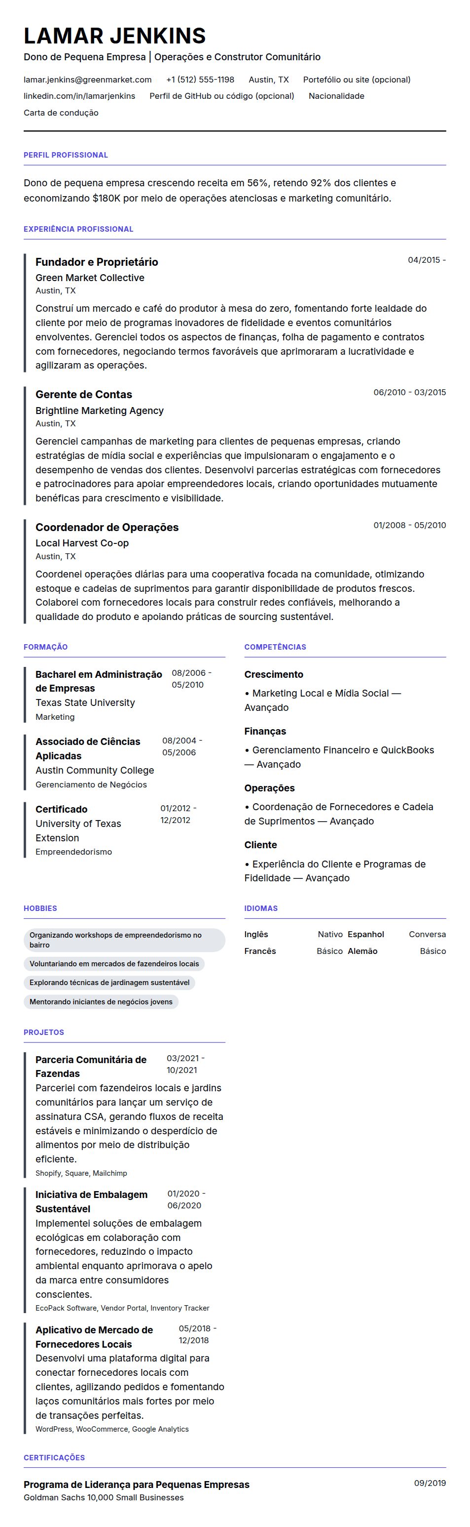 Pré-visualização do currículo Exemplo de Currículo de Dono de Pequena Empresa