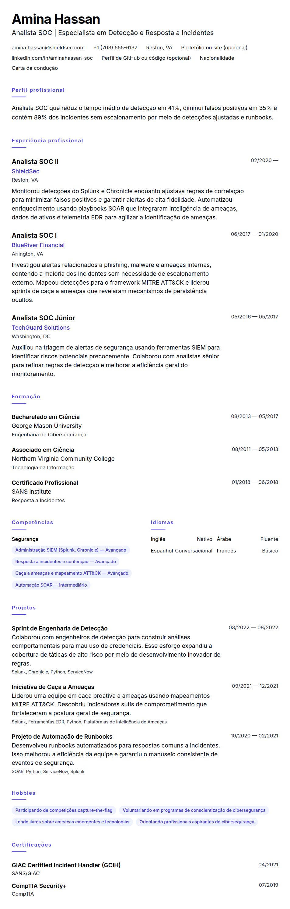 Pré-visualização do currículo Exemplo de Currículo de Analista SOC