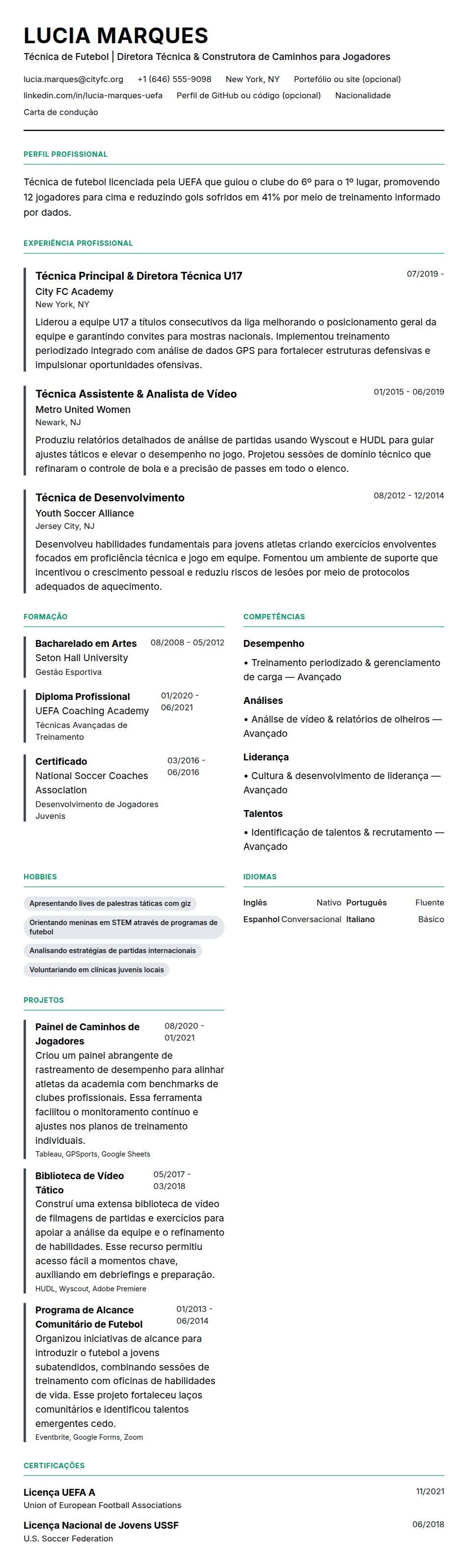 Exemplo de Currículo de Técnico de Futebol