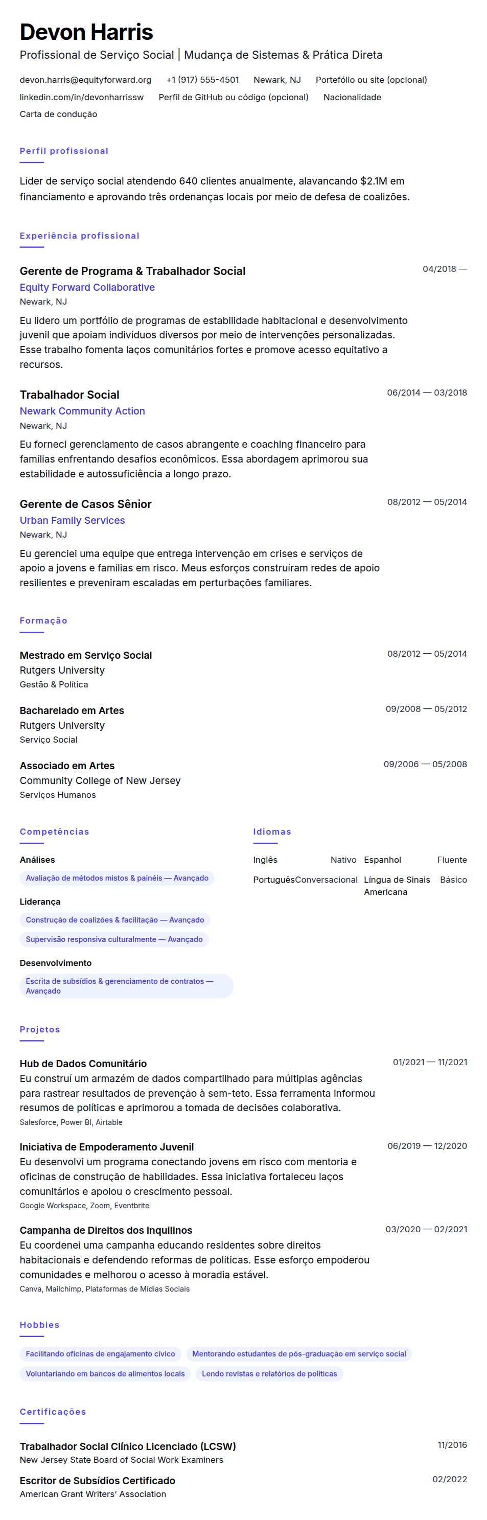 Exemplo de Currículo para Profissional de Serviço Social
