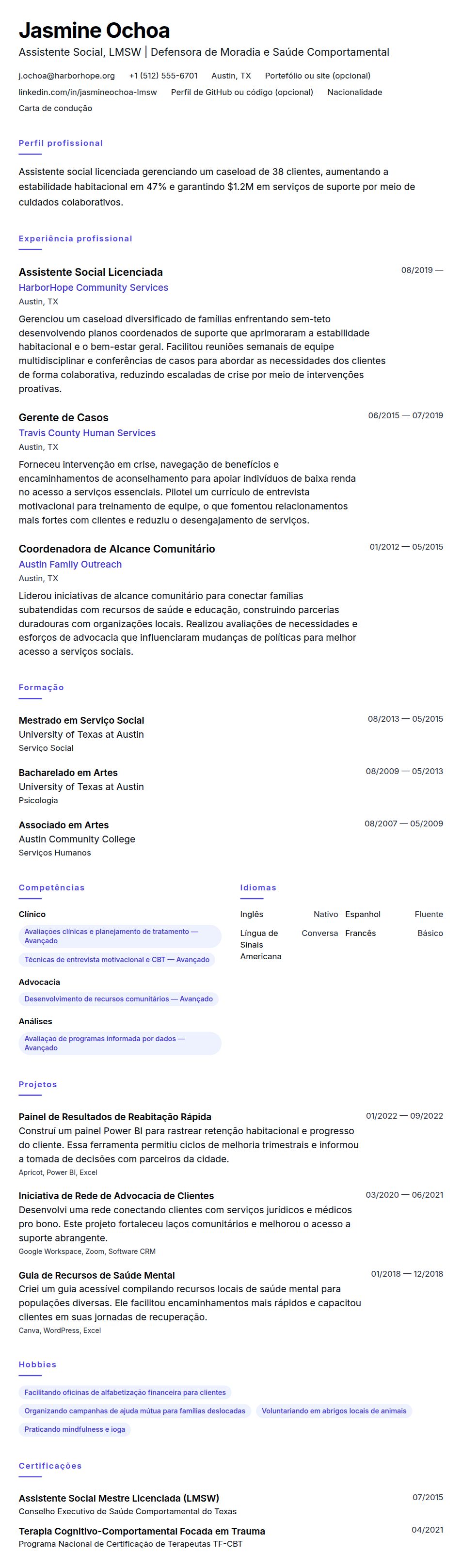 Pré-visualização do currículo Exemplo de Currículo de Assistente Social