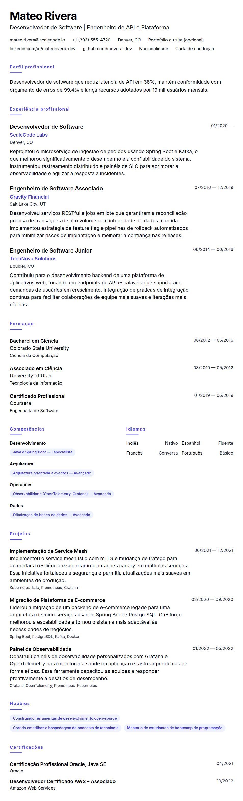 Exemplo de Currículo de Desenvolvedor de Software