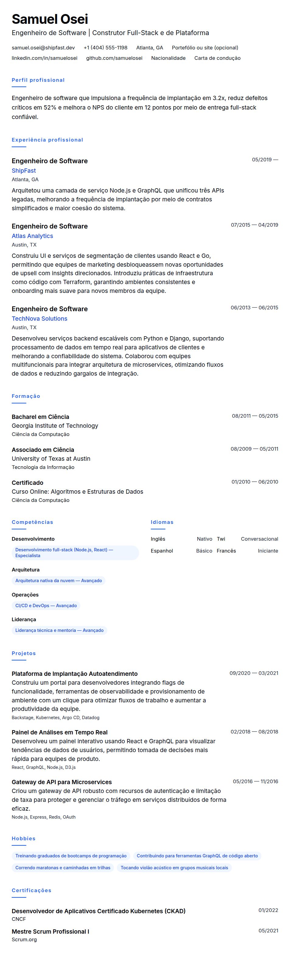 Pré-visualização do currículo Exemplo de Currículo de Engenheiro de Software