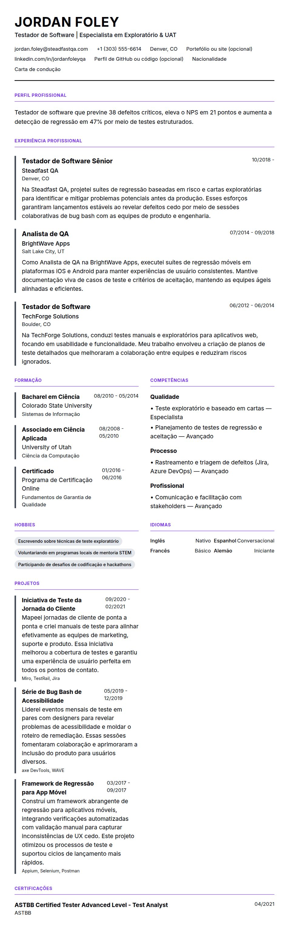 Pré-visualização do currículo Exemplo de Currículo para Testador de Software